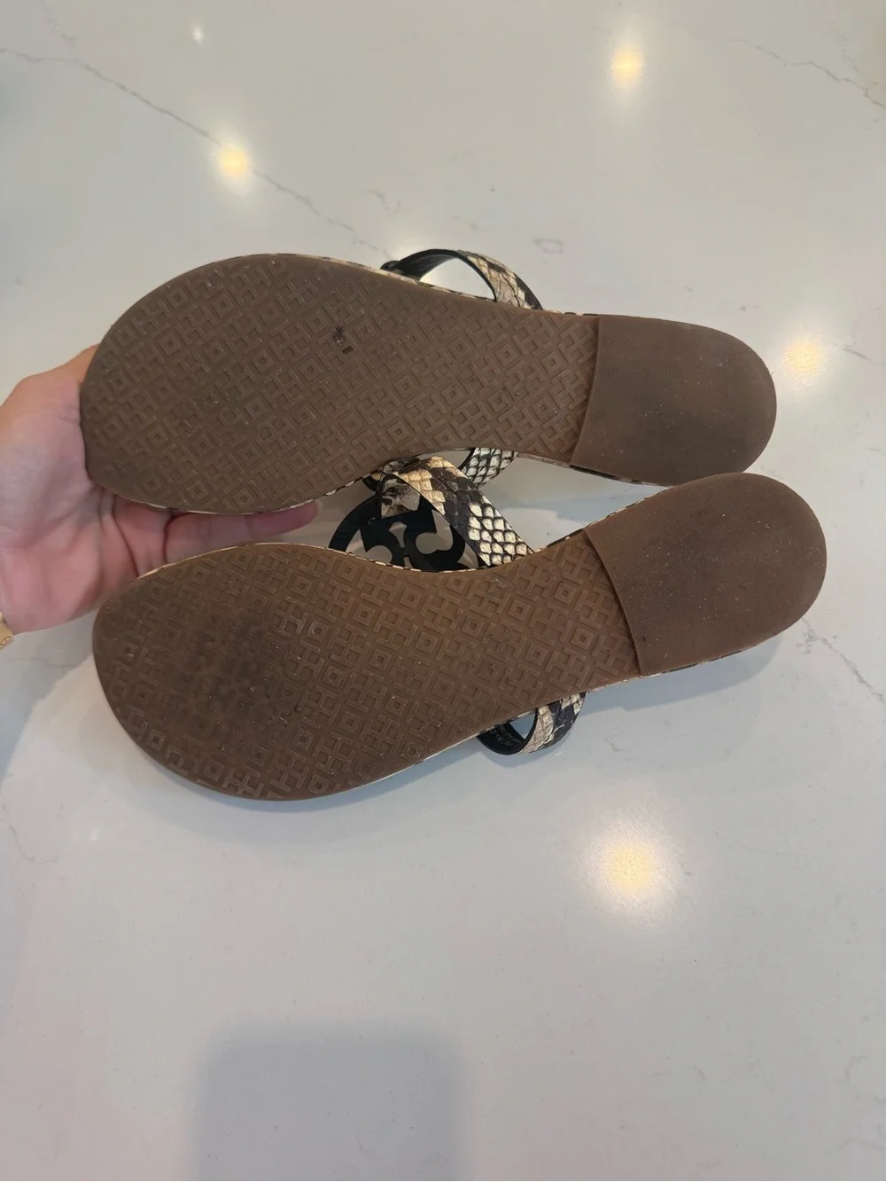 Tory Burch Black and Beige Snake-Print Logo Thong Sandals